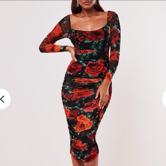 Missguided Dresses & Skirts - MISSGUIDED Black Floral Mesh Ruched Midi Dress